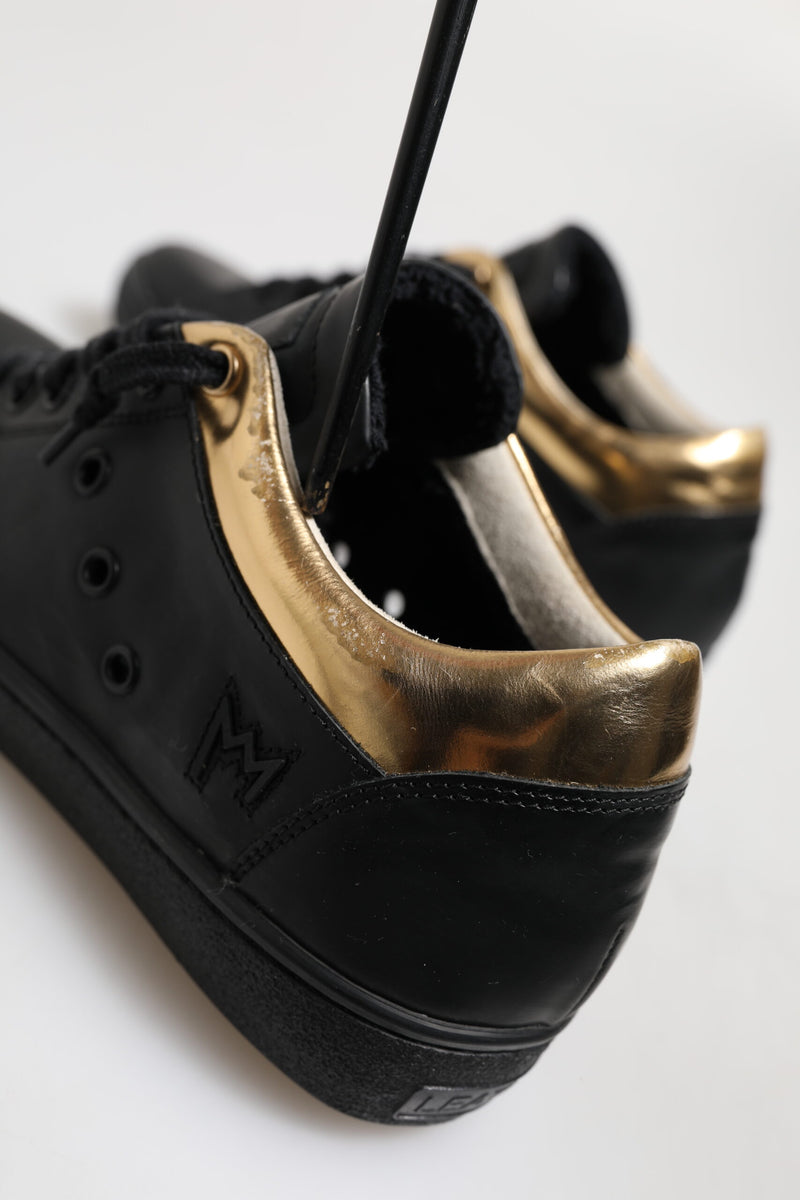 Leather Crown Sneakers Femme Noir Or Basses à Lacets