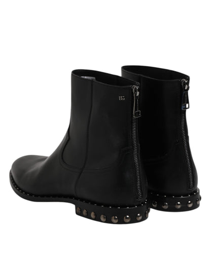 Dolce & Gabbana Black Leather Logo Ankle Boots Studded Shoes