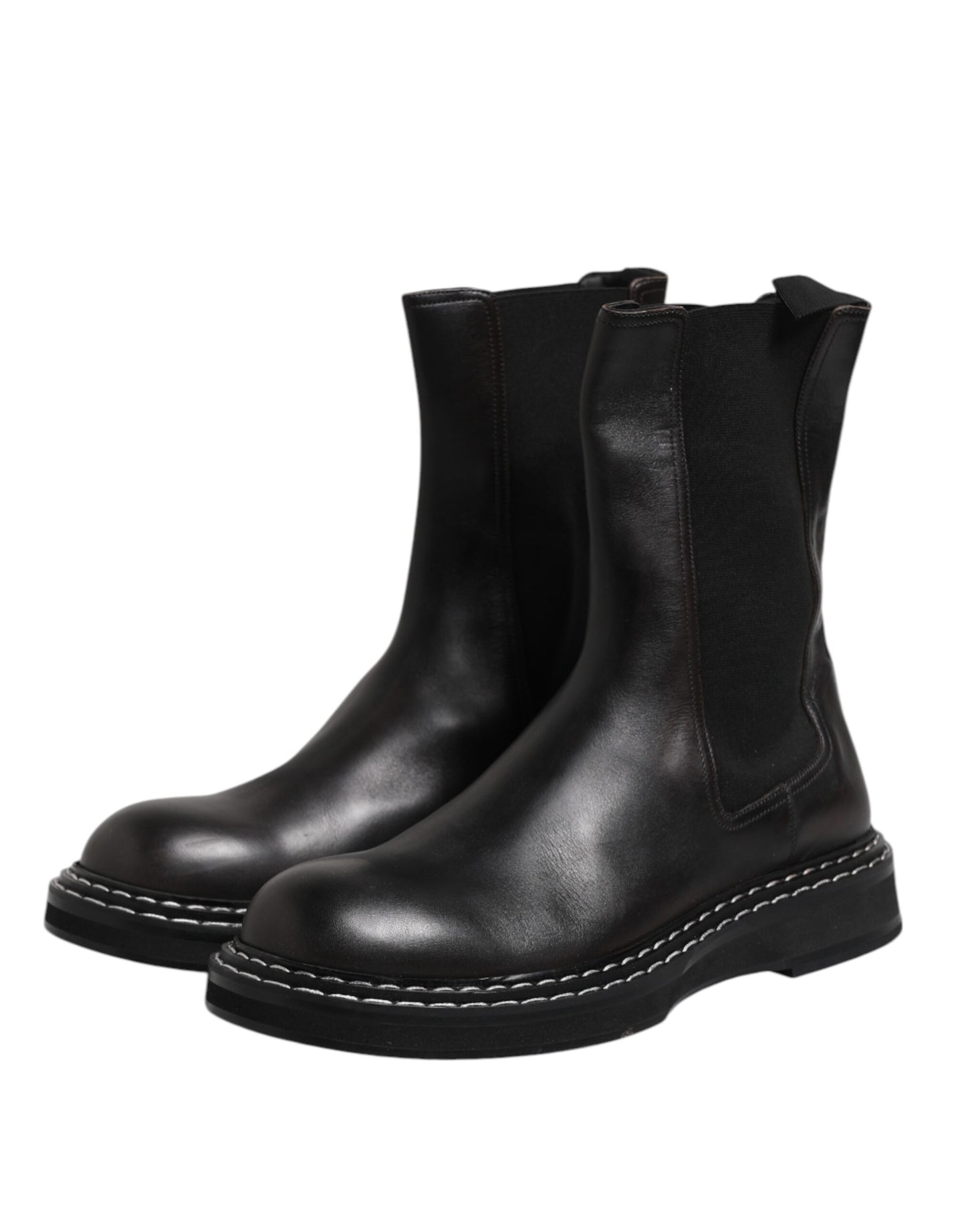 Dolce & Gabbana Black Leather Mid Calf Boots Flats Shoes