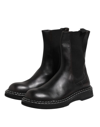 Dolce & Gabbana Black Leather Mid Calf Boots Flats Shoes