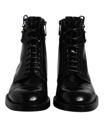 Dolce & Gabbana Black Leather Mid Calf Boots Lace Up Shoes