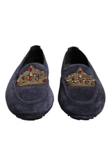 Dolce & Gabbana Blue Suede Crown Crystal Loafers