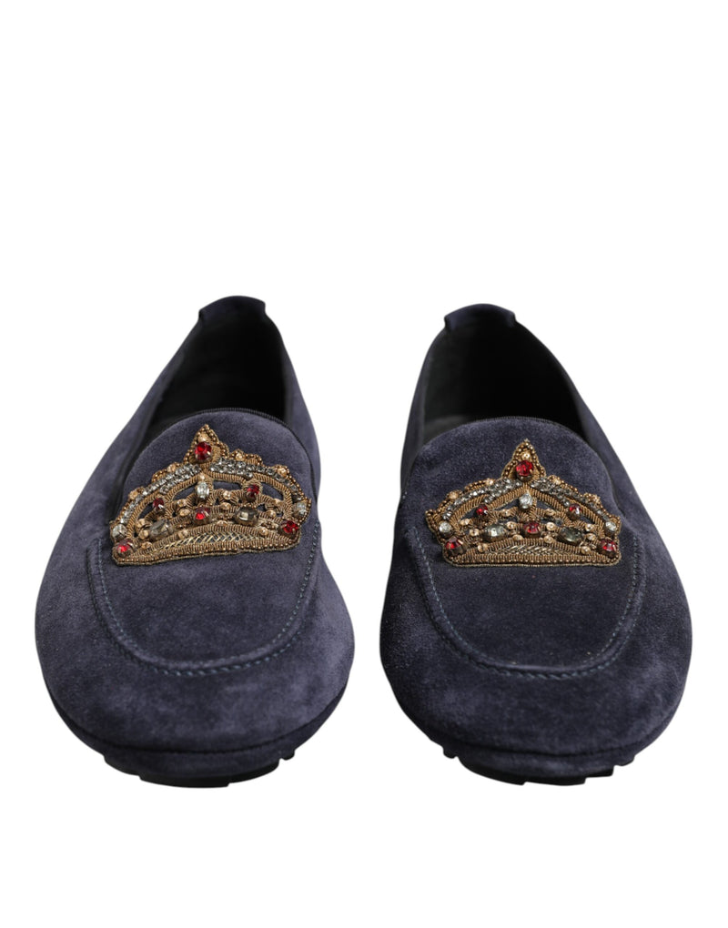 Dolce & Gabbana Blue Suede Crown Crystal Loafers