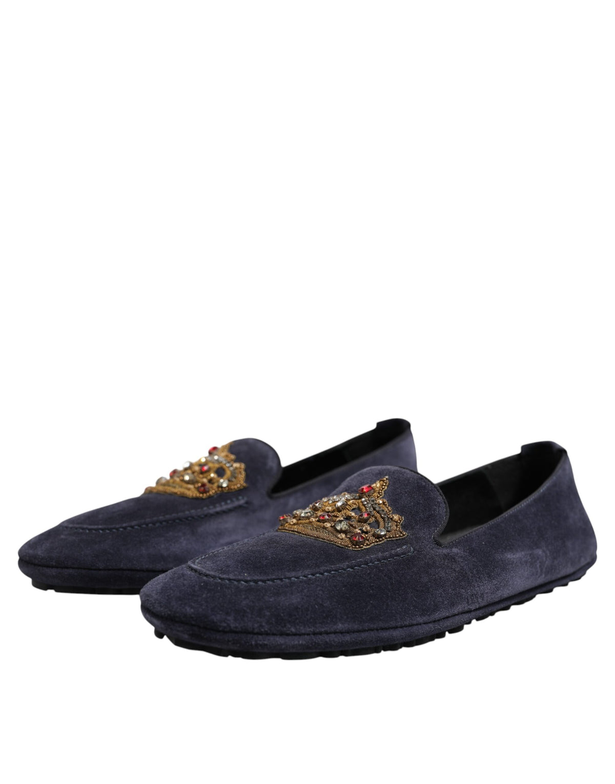 Dolce & Gabbana Blue Suede Crown Crystal Loafers