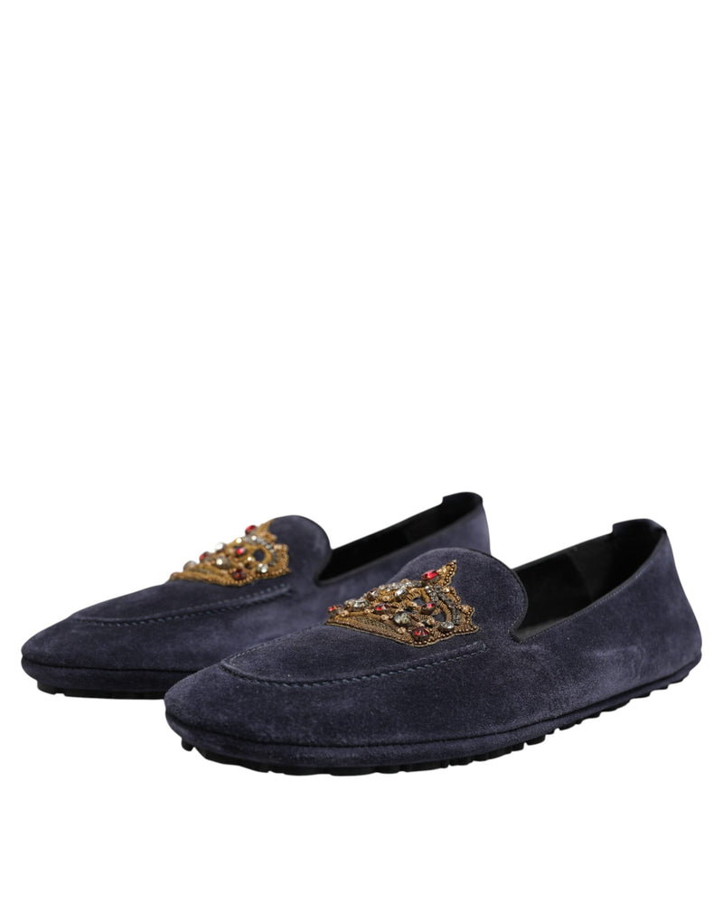 Dolce & Gabbana Blue Suede Crown Crystal Loafers
