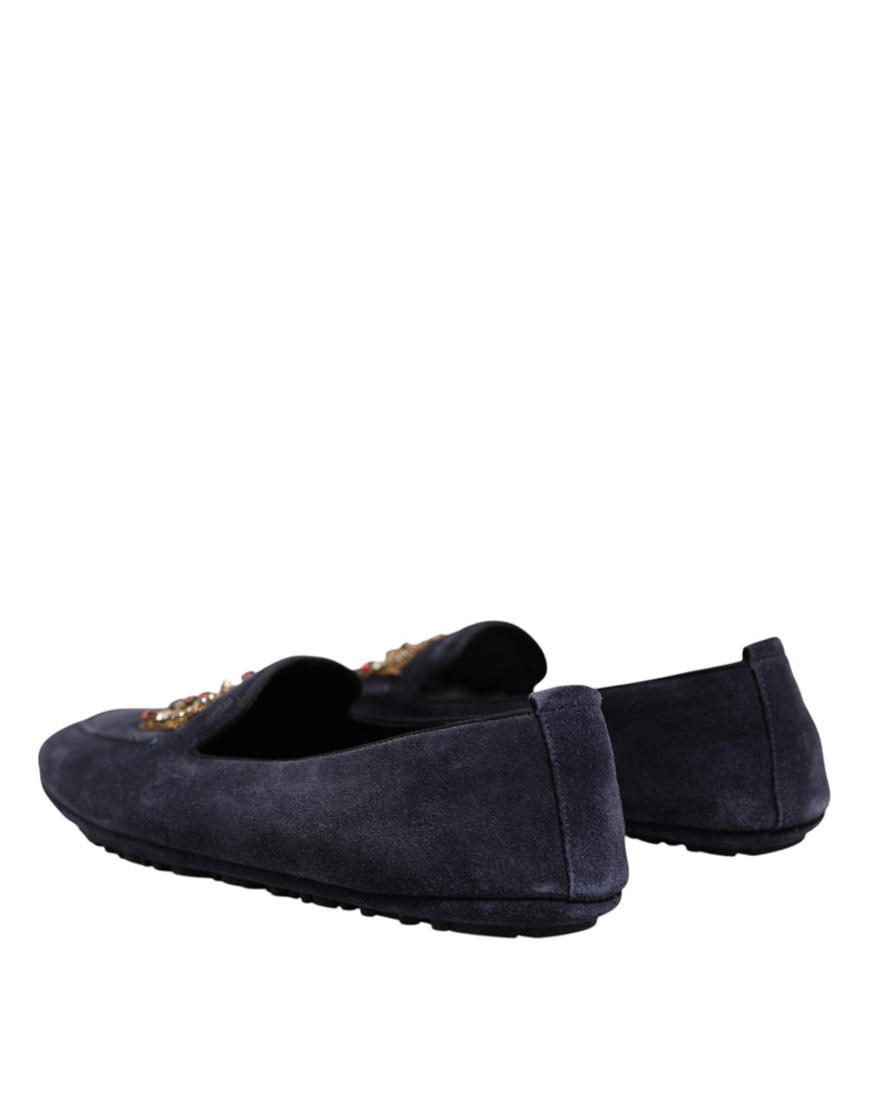 Dolce & Gabbana Blue Suede Crown Crystal Loafers