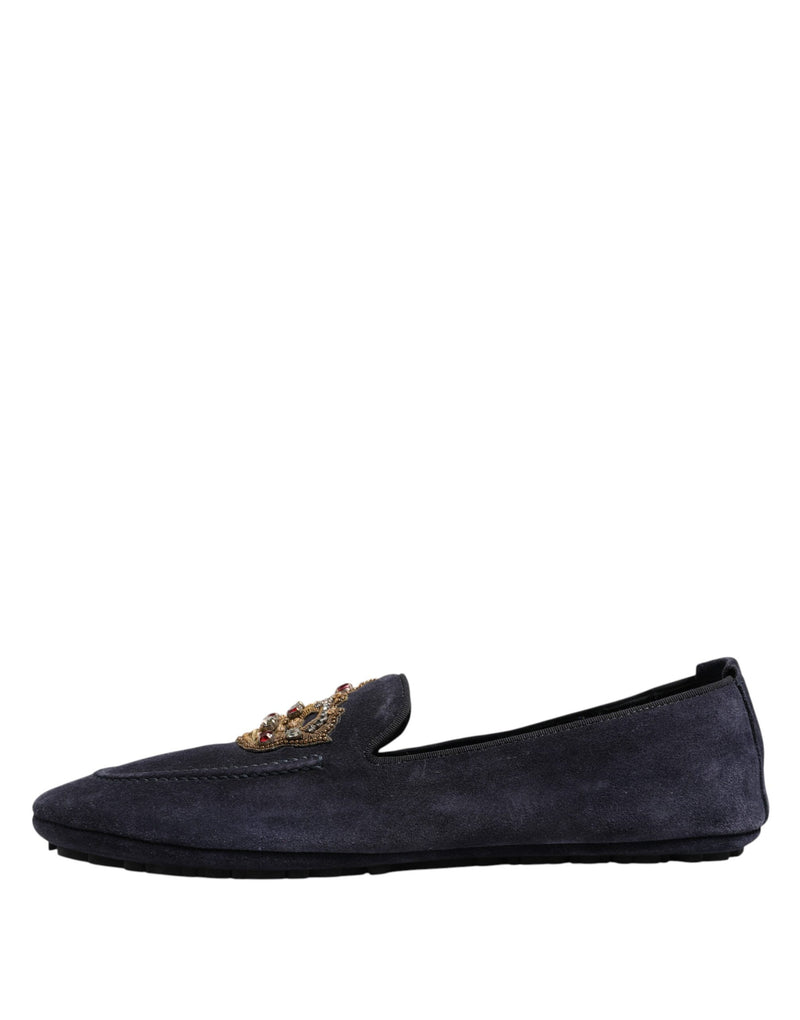 Dolce & Gabbana Blue Suede Crown Crystal Loafers