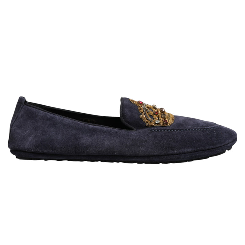 Dolce & Gabbana Blue Suede Crown Crystal Loafers