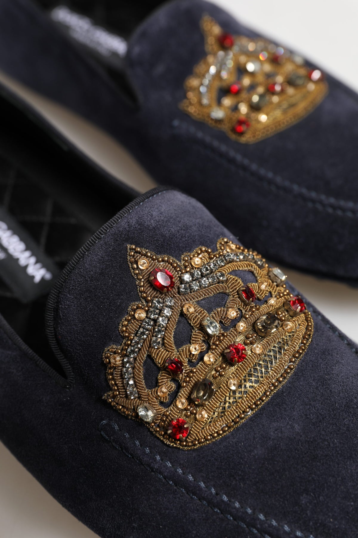Dolce & Gabbana Blue Suede Crown Crystal Loafers