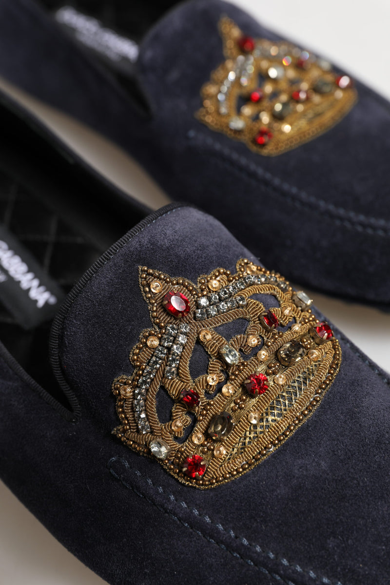 Dolce & Gabbana Blue Suede Crown Crystal Loafers