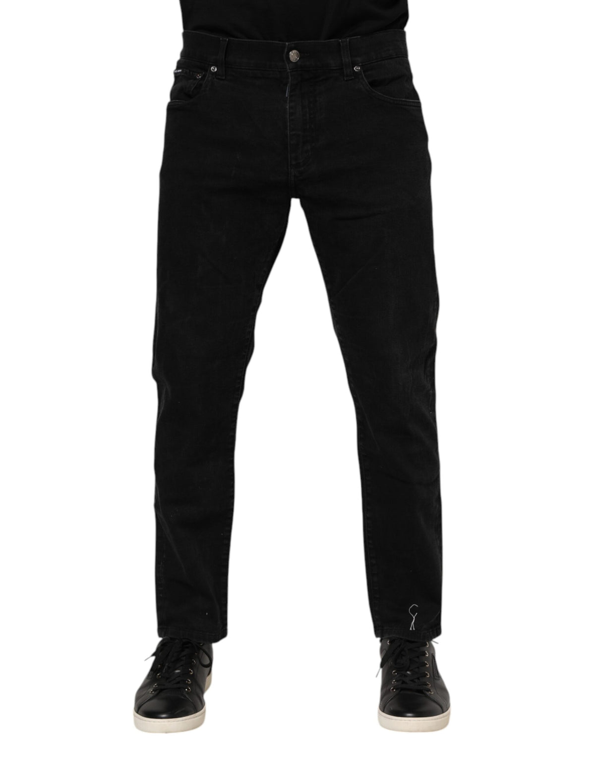 Jeans slim en coton noir avec plaque logo Dolce &amp; Gabbana