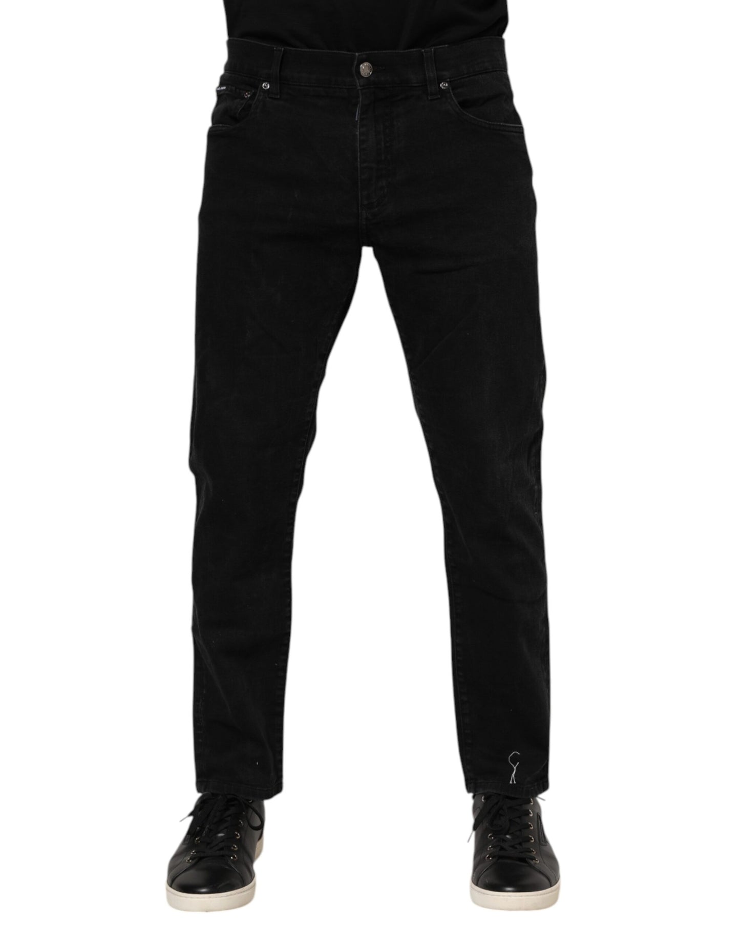 Jeans slim en coton noir avec plaque logo Dolce &amp; Gabbana