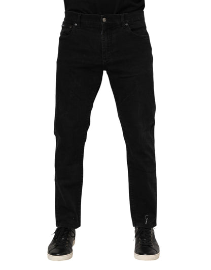 Jeans slim en coton noir avec plaque logo Dolce &amp; Gabbana