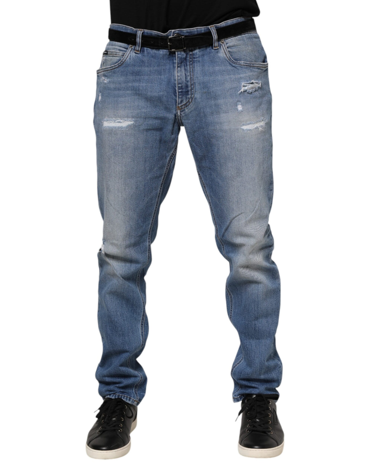 Jeans en jean bleu délavé et déchiré avec plaque logo Dolce &amp; Gabbana