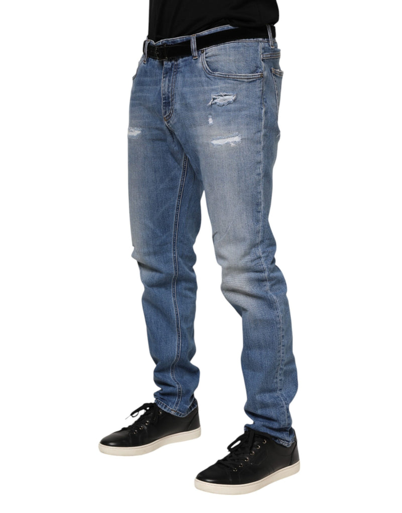 Jeans en jean bleu délavé et déchiré avec plaque logo Dolce &amp; Gabbana