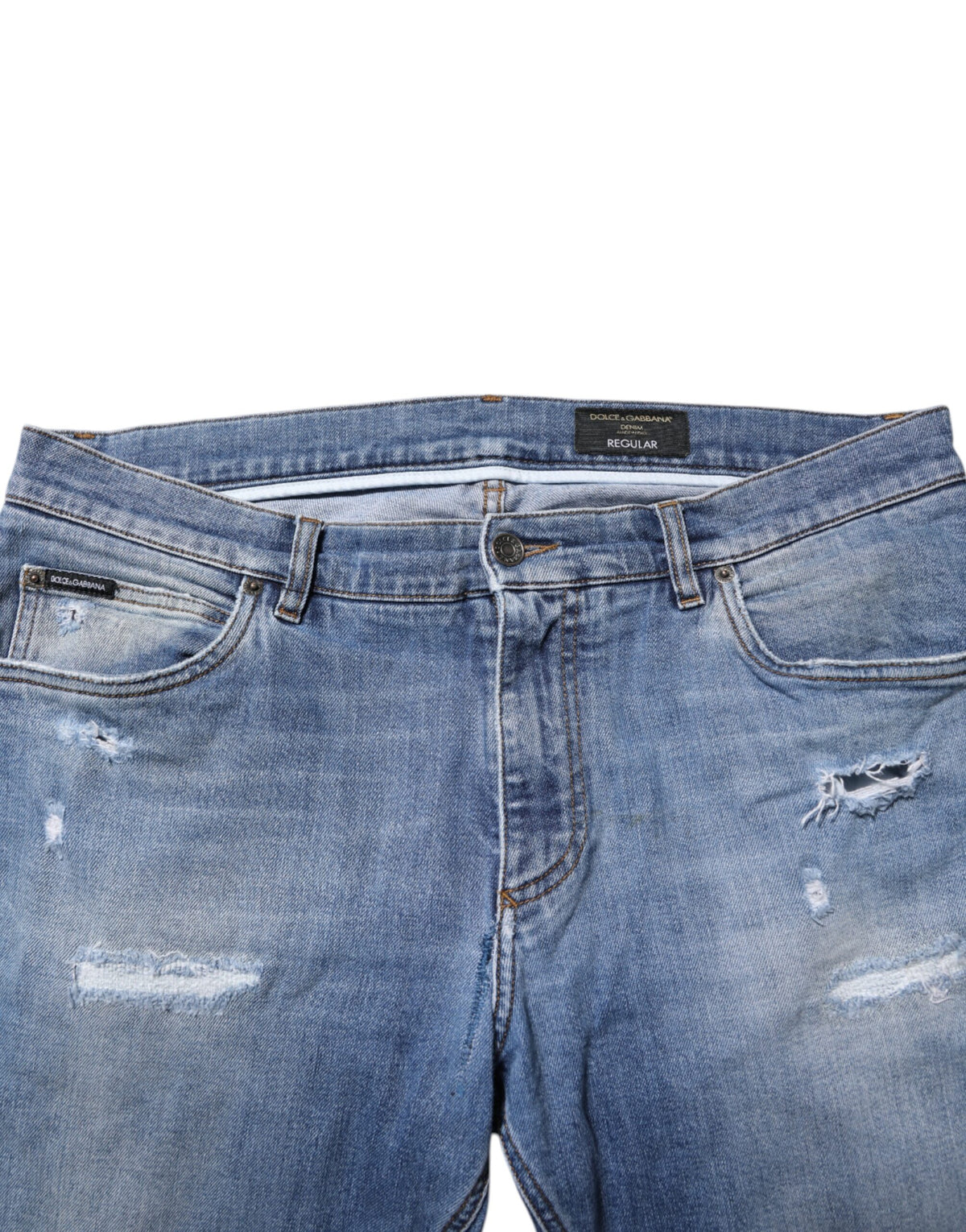 Jeans en jean bleu délavé et déchiré avec plaque logo Dolce &amp; Gabbana