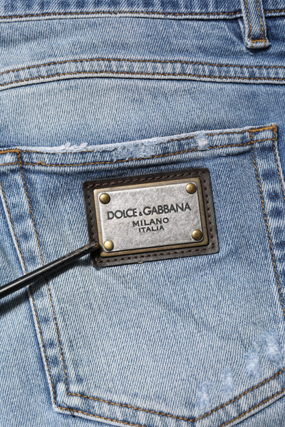 Dolce & Gabbana Blue Washed Tattered Logo Plaque Denim Jeans