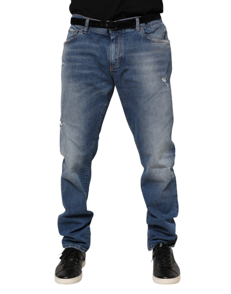 Jeans en coton bleu délavé avec plaque logo Dolce &amp; Gabbana