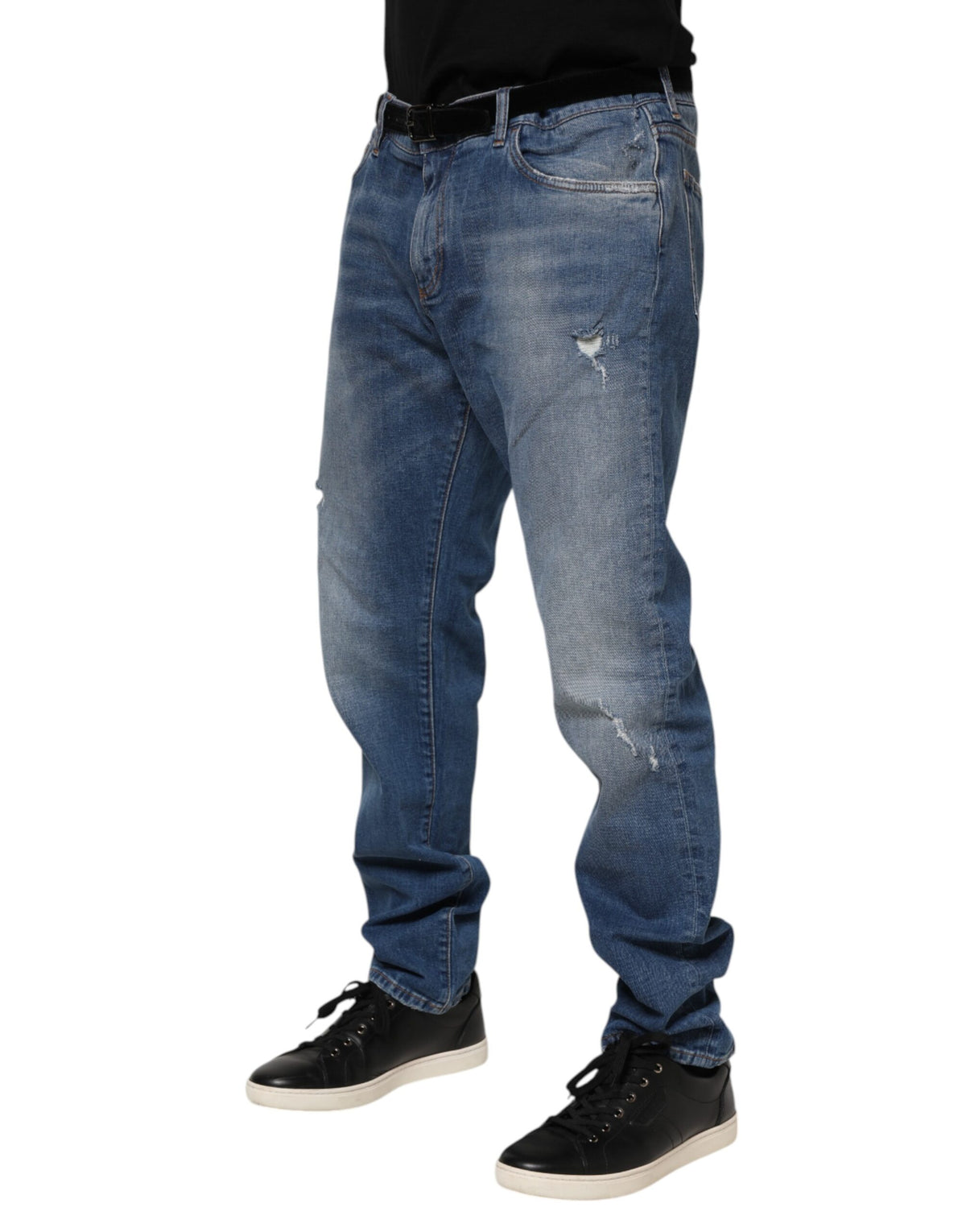 Jeans en coton bleu délavé avec plaque logo Dolce &amp; Gabbana