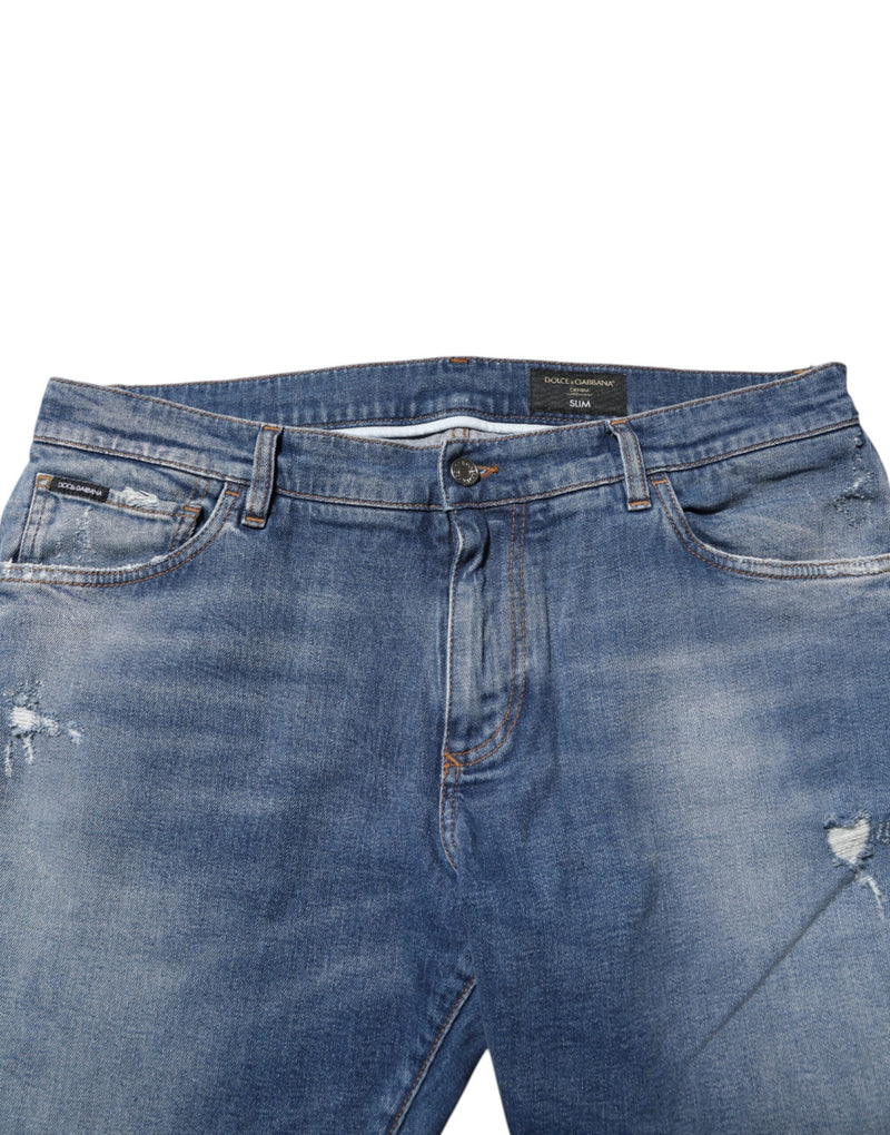 Jeans en coton bleu délavé avec plaque logo Dolce &amp; Gabbana