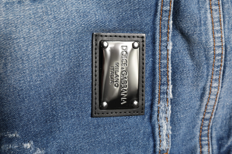 Jeans en coton bleu délavé avec plaque logo Dolce &amp; Gabbana
