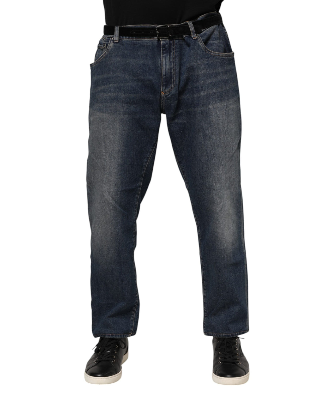 Jeans slim en coton bleu avec plaque logo Dolce &amp; Gabbana