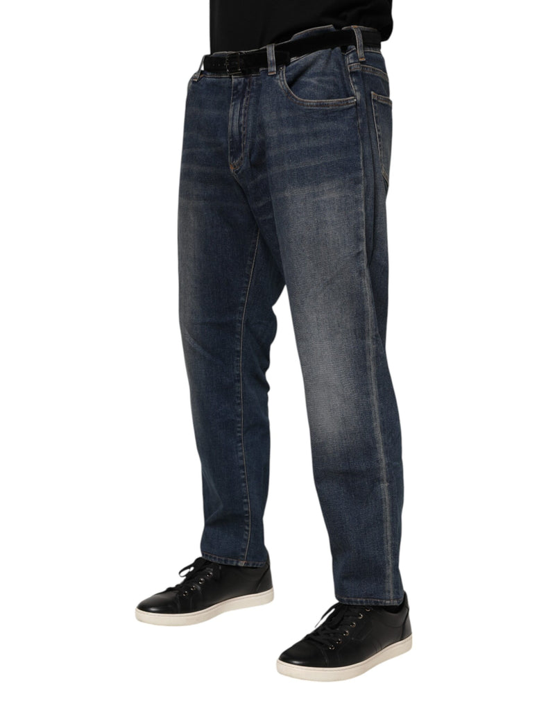 Dolce & Gabbana Blue Cotton Logo Plaque Slim Denim Jeans