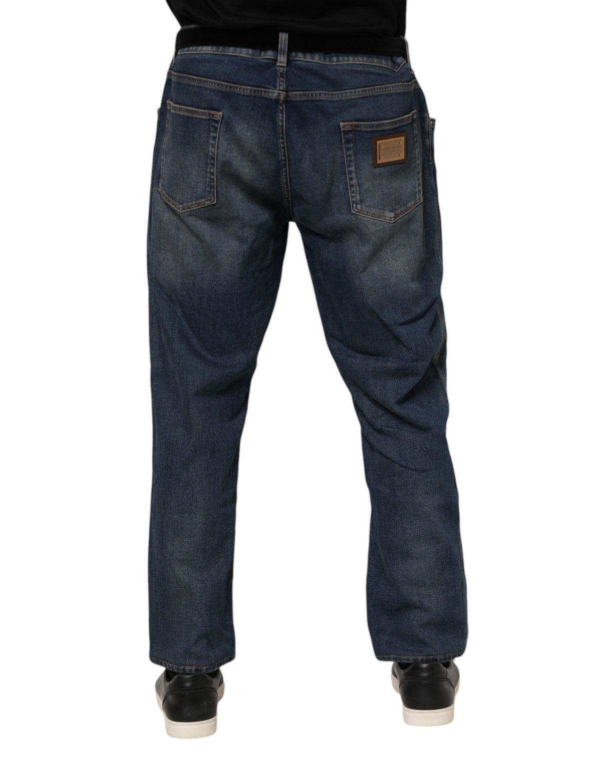 Jeans slim en coton bleu avec plaque logo Dolce &amp; Gabbana