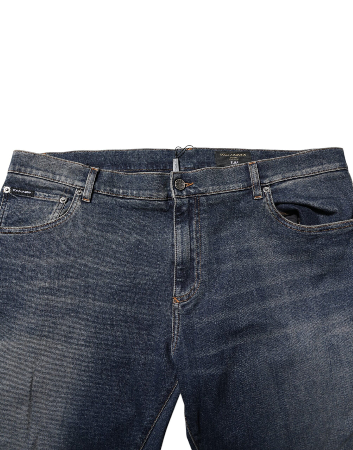 Jeans slim en coton bleu avec plaque logo Dolce &amp; Gabbana