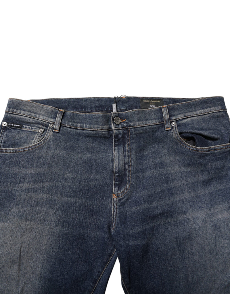 Dolce & Gabbana Blue Cotton Logo Plaque Slim Denim Jeans
