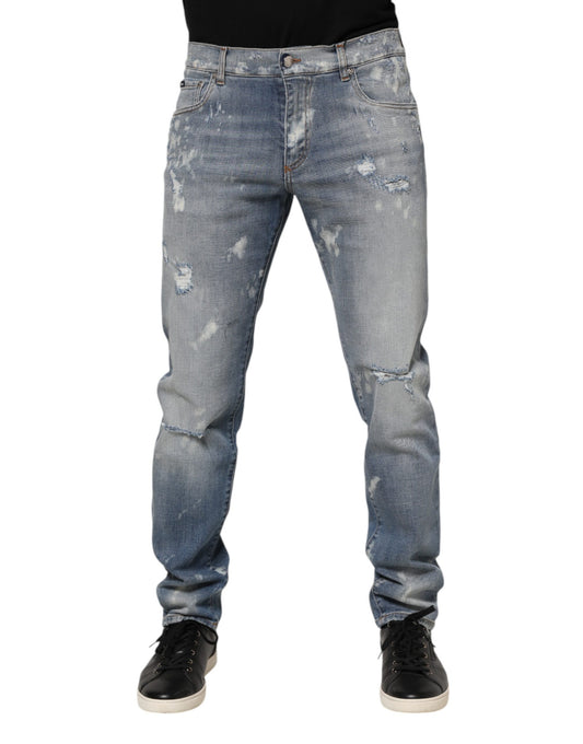 Dolce & Gabbana Blue Cotton Tattered Slim Fit Men Denim Jeans