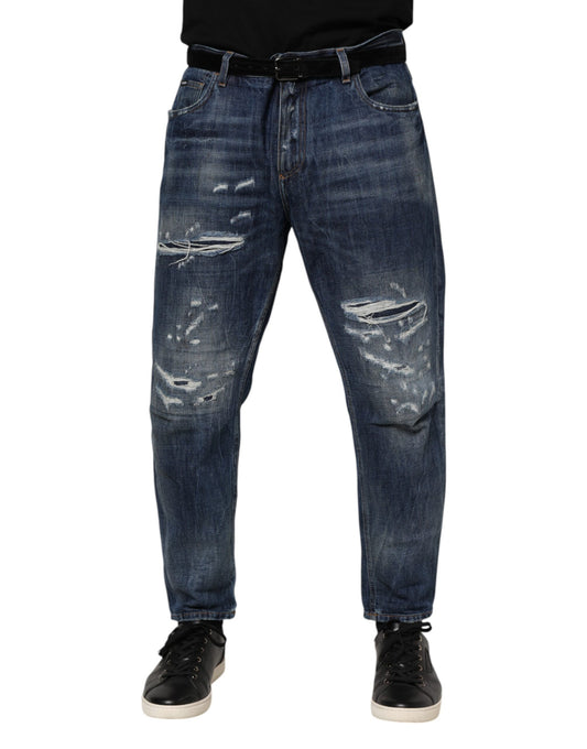 Dolce & Gabbana Blue Cotton Tattered Tapered Men Denim Jeans