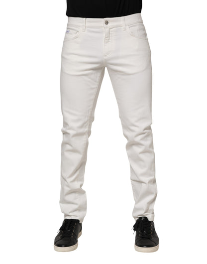 Dolce & Gabbana White Cotton Logo Plaque Slim Fit Denim Jeans