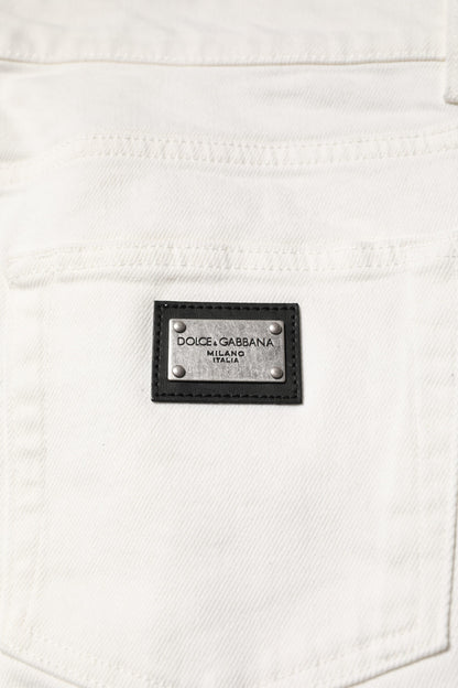 Dolce & Gabbana White Cotton Logo Plaque Slim Fit Denim Jeans