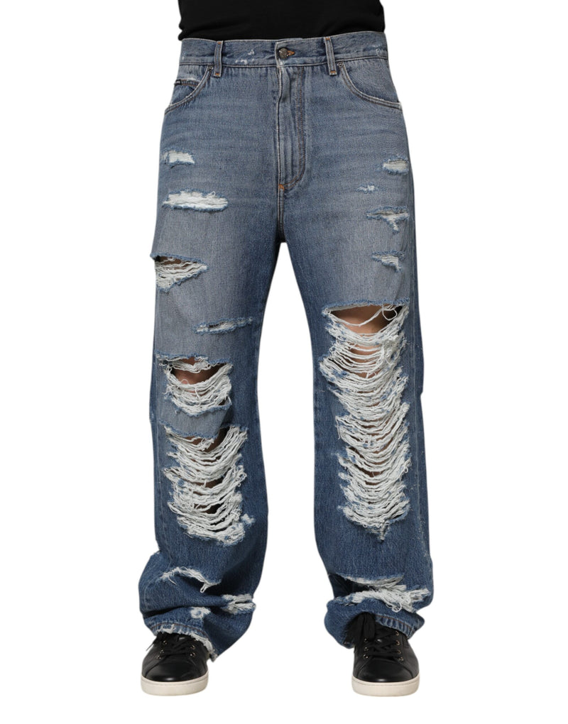 Jeans en jean bleu déchiré Dolce &amp; Gabbana avec plaque de logo en coton