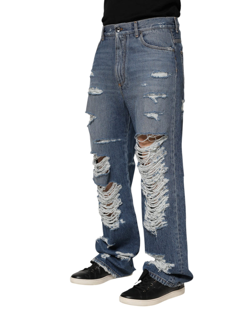 Jeans en jean bleu déchiré Dolce &amp; Gabbana avec plaque de logo en coton