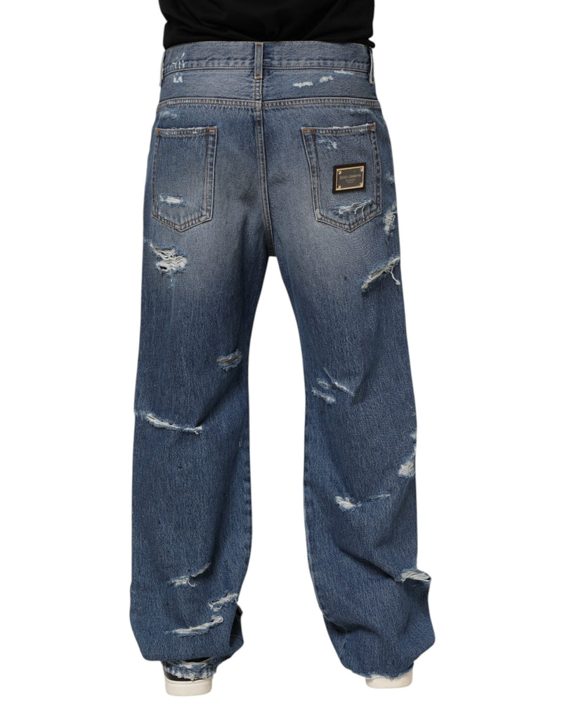 Jeans en jean bleu déchiré Dolce &amp; Gabbana avec plaque de logo en coton