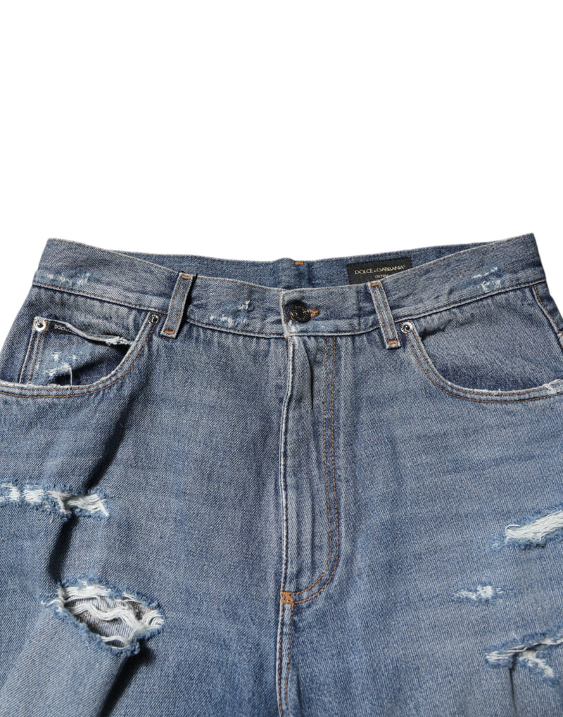 Jeans en jean bleu déchiré Dolce &amp; Gabbana avec plaque de logo en coton
