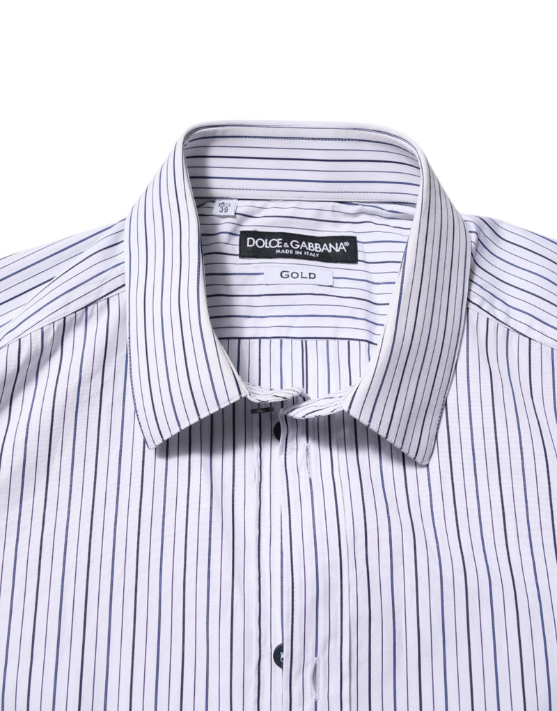 Dolce &amp; Gabbana wit-blauw gestreept katoenen overhemd, goudkleurig, formeel.