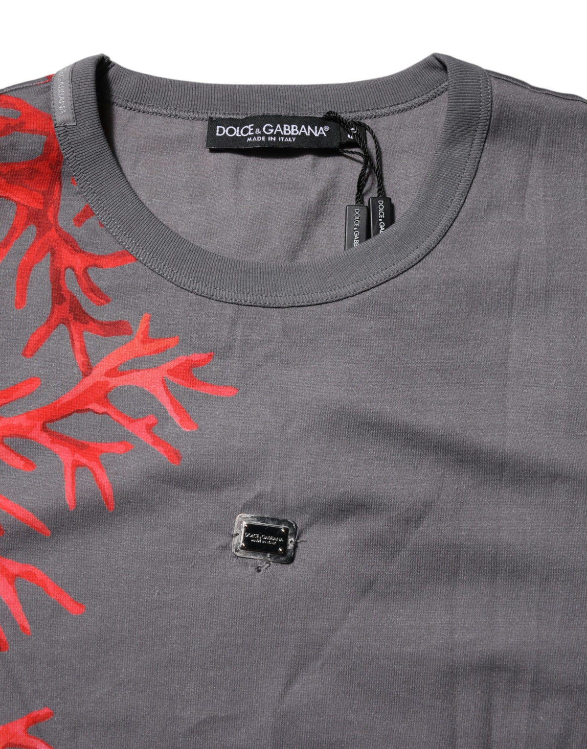 T-shirt en coton gris à imprimé corail avec plaque logo de Dolce &amp; Gabbana