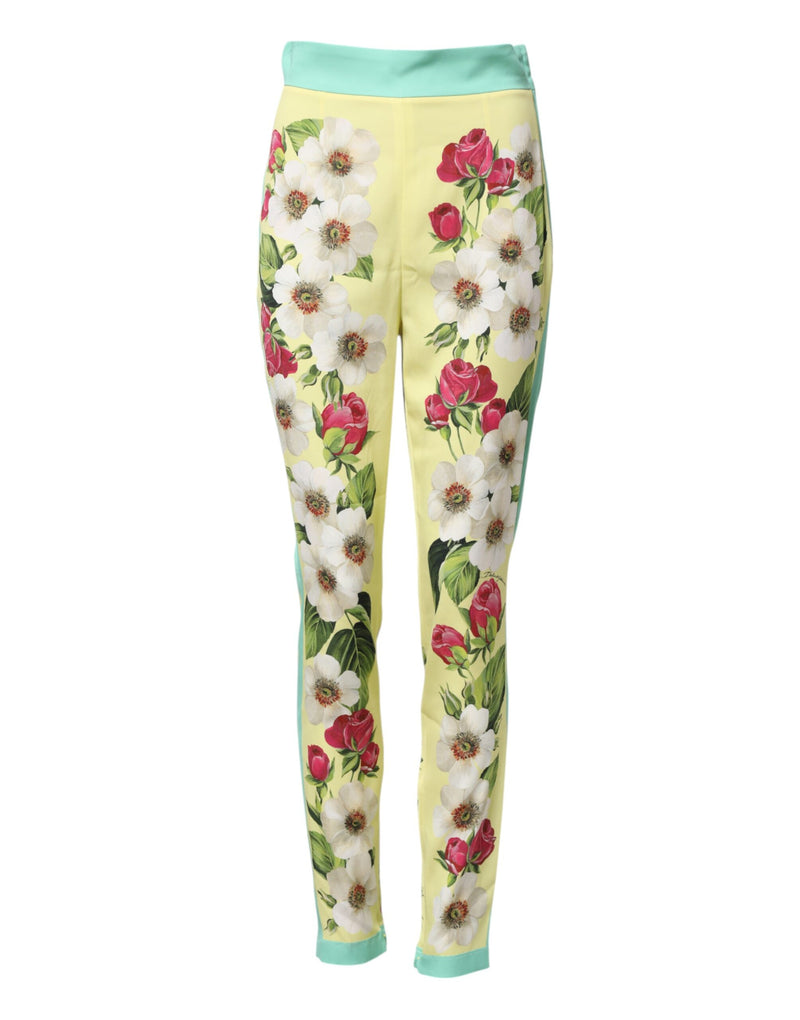 Dolce & Gabbana Pantalons Leggings Floraux en Soie Jaune