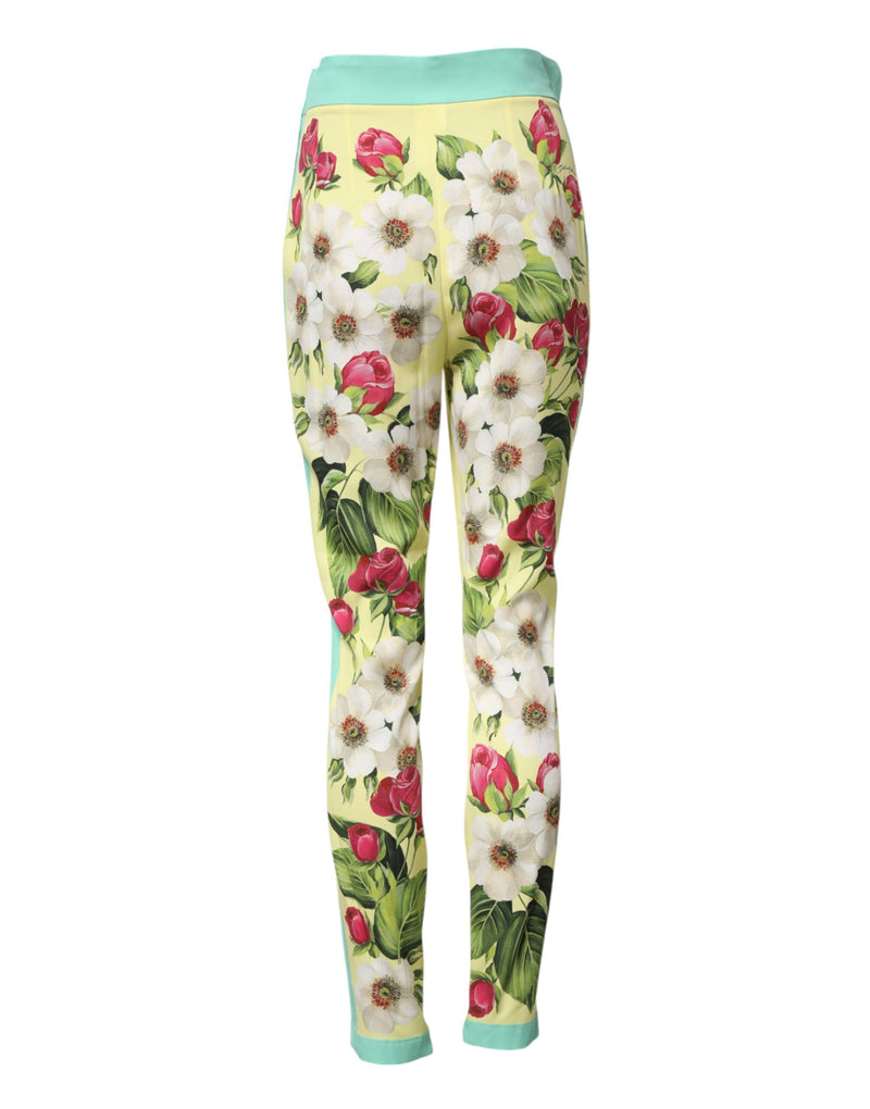 Dolce & Gabbana Pantalons Leggings Floraux en Soie Jaune