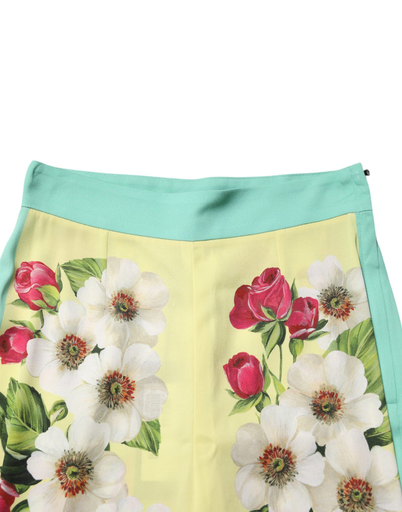 Dolce & Gabbana Pantalons Leggings Floraux en Soie Jaune