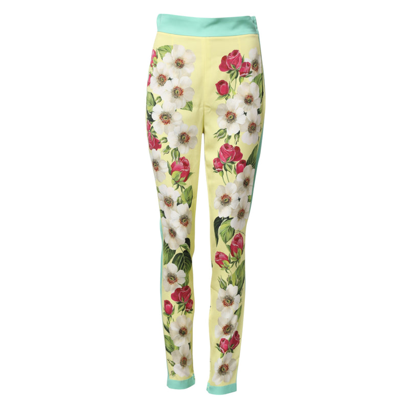 Dolce & Gabbana Pantalons Leggings Floraux en Soie Jaune