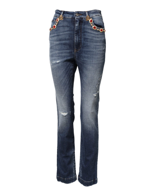 Dolce & Gabbana Jeans Denim Tapered Bleus avec Strass
