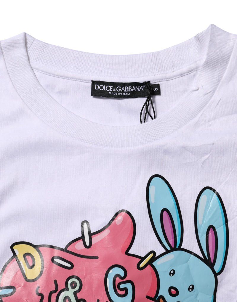 Dolce & Gabbana White Cotton Graphic Print Crew Neck T-shirt