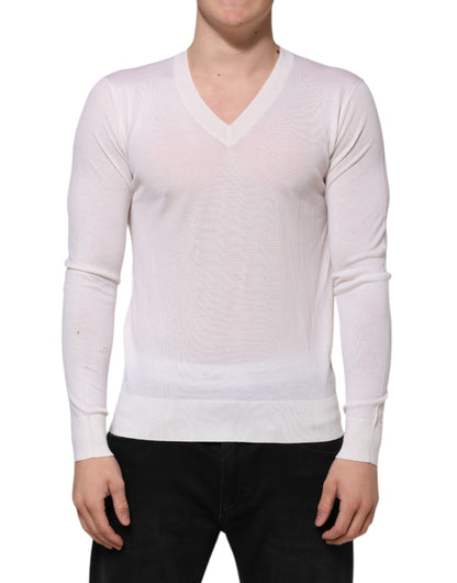 Dolce & Gabbana White Cashmere Logo V-neck Pullover Sweater
