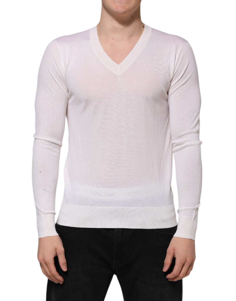 Pull en cachemire blanc à col en V avec logo Dolce &amp; Gabbana