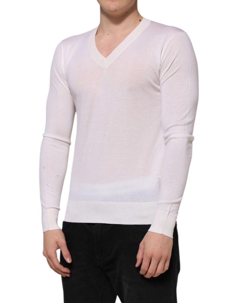 Pull en cachemire blanc à col en V avec logo Dolce &amp; Gabbana