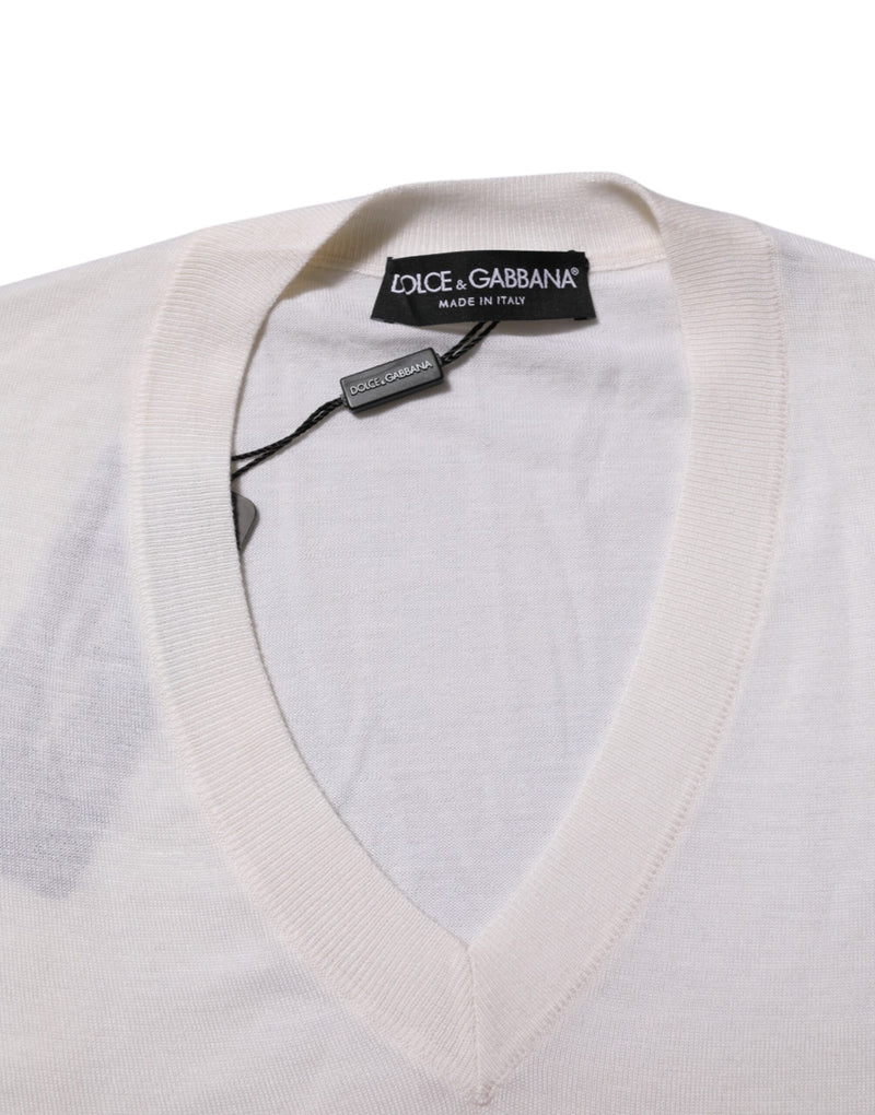 Pull en cachemire blanc à col en V avec logo Dolce &amp; Gabbana